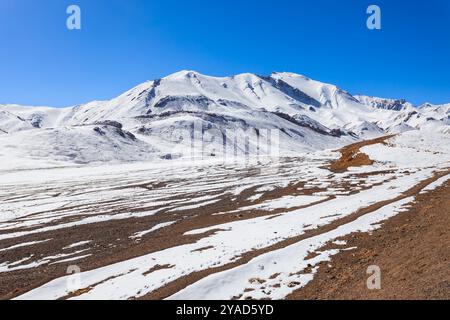 The Ak-Baital Pass is a mountain pass in the Pamir Mountains near the Murghab town in Tajikistan. Ak-Baital Pass is the highest point of the M41 Pamir Stock Photo