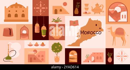 Morocco culture elements and Arabian old architecture in wide geometric contemporary poster. Aesthetic desert house and palm trees of Moroccan minimalist landscape, pottery cartoon vector illustration Stock Vector