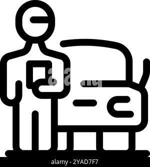 Simple outline style icon of a valet parking attendant holding car keys and standing next to a car Stock Vector