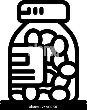 Simple bold outline icon representing a bottle containing medical pills with prescription label Stock Vector
