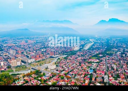 Vladikavkaz aerial panoramic view. Vladikavkaz is the capital city of the Republic of North Ossetia-Alania in Russia. Stock Photo