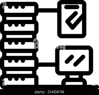 Bold line icon representing a server room data processing operation with computer monitoring system Stock Vector