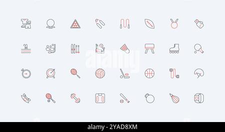 Sport, healthy exercises and games line icon set. Gym gears, equipment of cardio fitness training, award medal and ball of basketball tennis thin black and red outline symbols vector illustration Stock Vector