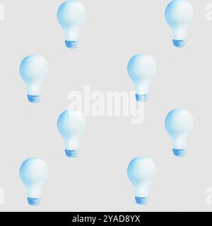 Seamless pattern with Light bulbs, blue ecology watercolor illustration on gray background. For wrapping paper, textile, wallpaper, packaging, printin Stock Photo