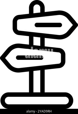 Simple black and white line drawing of a signpost standing on a base pointing left and right Stock Vector