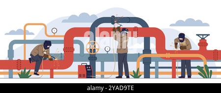 Professional welders work. People in protective masks, suits, gloves welding pipeline, metal structures connection, man working on factory cartoon fla Stock Vector