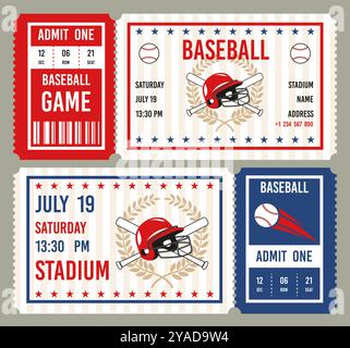 Vintage baseball tickets. Championship invitational cards, american sports game, themed events coupons, helmet, bats, balls, tournament or cup Stock Vector