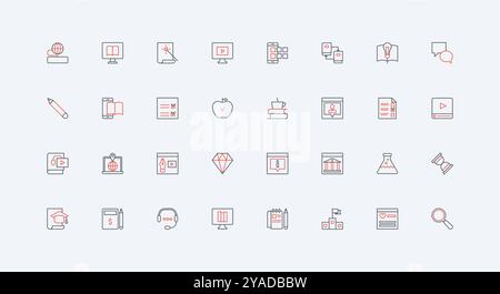 Online learning, training and teaching on webinars, video class and tutorials line icon set. Mentor tools, digital academy platform with lessons thin black and red outline symbols vector illustration Stock Vector