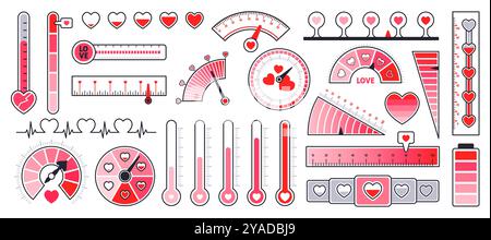 Cartoon love level meters. Red hearts gauges and scales, romantic feelings thermometers and indicators, valentines day decor elements, user interface Stock Vector