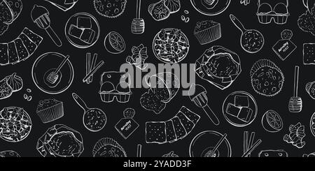 Chalkboard seamless pattern with cupcake recipe product on blackboard background - eggs, honey, nuts, flour, baking soda and other baking ingredients. Stock Vector
