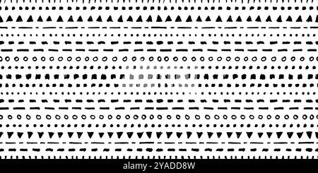 Hand drawn ink vector brushes seamless pattern, ink abstract shapes like triangles, circles, dots for graphic design. One color monochrome artistic ha Stock Vector