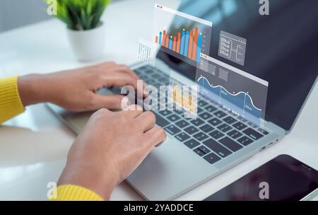 Business woman use computers to analyze business and manage corporate data, Business analytics with charts, Metrics and KPIs to improve organizational Stock Photo