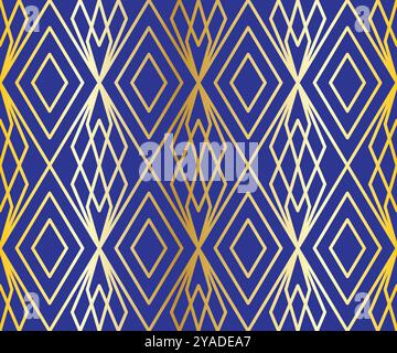 Abstract geometric seamless vector pattern with gold diamond shapes, rhombs on navy blue background. Vector illustration Stock Vector
