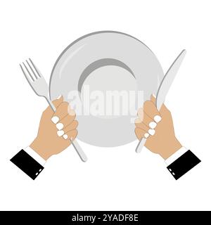 Simple Vector of Hands Holding Cutlery on Empty Plate, Elegant Hands Holding Cutlery with Empty Plate. Stock Vector