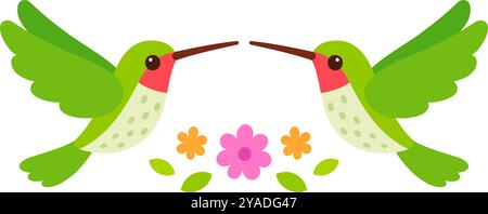 Cute cartoon hummingbirds and flowers design element. Two green colibri birds and simple flowers. Isolated vector clip art illustration. Stock Vector