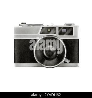 Retro camera in the form of hand drawn watercolor illustration in black and white graphics isolated on a white background as a symbol of 80s,90s for Stock Photo