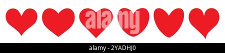 A set of six red paper hearts on a white background. A collection of cartoon heart stickers. Icons for Valentine's day. Stock Vector