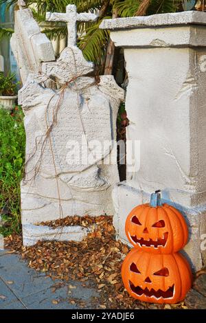 Spooky Halloween Home Decor with Tombstones and  Jack-O'-lantern Pumpkins Stock Photo