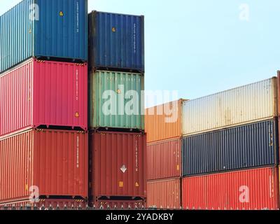 Shipping containers stacked for storage in depot, Trafford, Manchester, UK Stock Photo