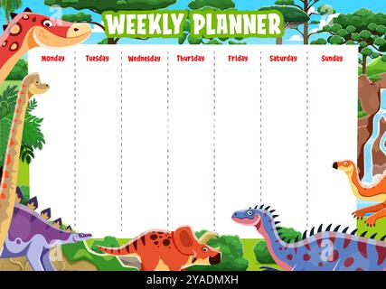 Weekly planner with funny cartoon dinosaur characters. Vector education timetable schedule template. School lesson time table or organizer frame for kids with dino animals in jungle forest landscape Stock Vector