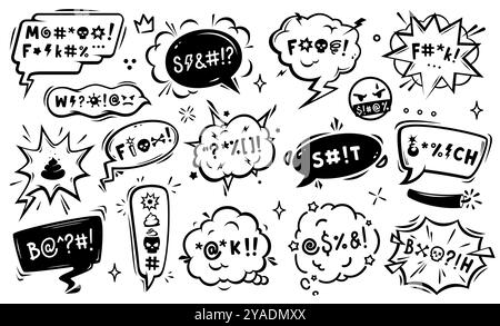 Comic speech bubbles of aggressive expletive curse and hate angry talk, cartoon vector. Bad words in speech bubble, explicit swear and rude language shout, aggressive emotions with exclamation signs Stock Vector