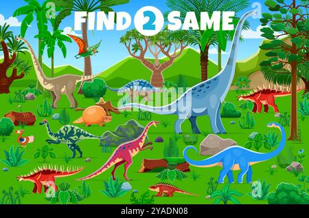 Find two same prehistoric dinosaurs, kids game worksheet. Vector riddle or puzzle, search the identical dino pairs in colorful, lush, jungle environment, with tropical plants, ferns, trees and rocks Stock Vector