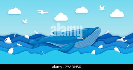Plastic in the sea, whale in paper cut polluted ocean water waves with plastic bottles, bags and trash vector white silhouettes. Ecology, environment and nature protection 3d origami art banner Stock Vector