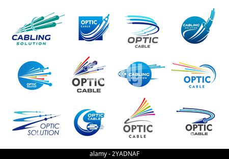 Fiber optic cable icons, internet network and telecommunication technology. Vector broadband fibre optical cable or multi fiber wire for high speed data connection symbols, computer electronics themes Stock Vector