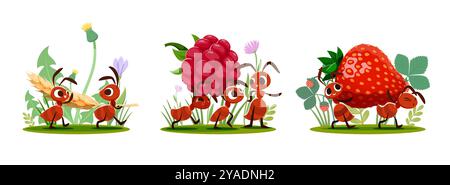 Cartoon ants carrying food to anthill through green grass field and flowers. Funny brown ants insect vector characters with happy smiling faces carrying wheat ear, strawberry and raspberry fruits Stock Vector