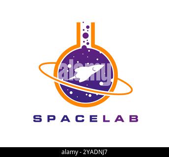 Galaxy space icon with rocket ship inside circular laboratory beaker with orbit, planets and stars. Isolated vector futuristic emblem conveying innovation, travel, exploration and technology progress Stock Vector