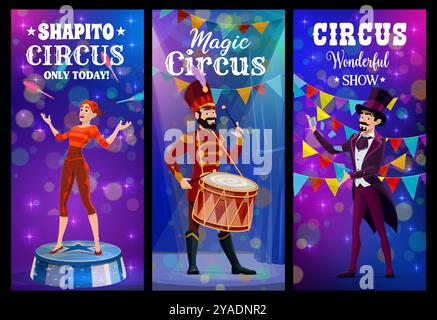 Circus show vector banners with cartoon carnival chapiteau magician, juggler and drummer characters performing on big top tent arena. Funny circus artists with juggling clubs, magic hat and drum Stock Vector