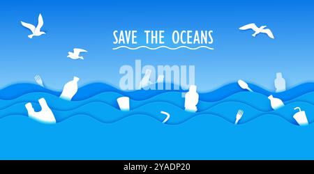 Polluted water, plastic in the sea paper cut banner, save ocean vector concept. Plastic bottles, bags and cups, drinking straws, forks and spoons white silhouettes floating on 3d papercut blue waves Stock Vector