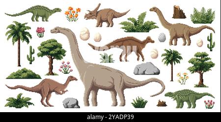 8 bit pixel art prehistoric dinosaurs for game assets, vector lizards and dino eggs. Jurassic park or prehistoric video game assets of pixel dinosaurs T-rex tyrannosaurus, triceraptors or brontosaurus Stock Vector
