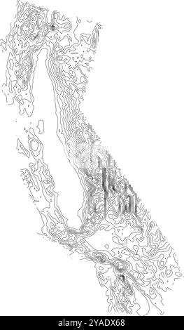 Comprehensive contour map of California state, showcasing its diverse topography from coastal areas to mountain ranges. Stock Vector