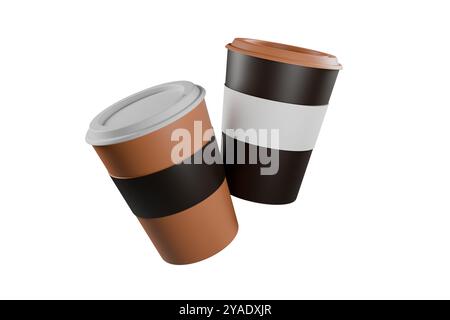 Two coffee cups floating in the air on isolated white background. 3d rendering Stock Photo