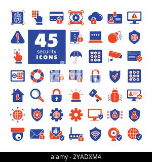 Security vector icon set. Cyber lock, password, unlock. Guard, shield, home security system icons. Eye access, electronic check, firewall. Internet pr Stock Vector