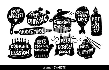 Kitchen logo. Food cook elements. Bakery icon. Chef cap or apron stickers. Kitchenware black silhouette lettering. Typography stamp. Yummy meal bowl. Cuisine recipe. Cooking pan. Vector badges set Stock Vector