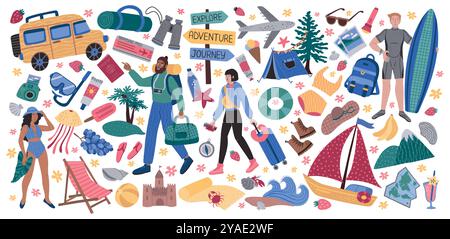 Travel. Vacation adventures, people trip with backpack compass and map, suitcase airplane and mountain. Men and women on beach. Holiday doodle drawing isolated elements. Vector tourism cartoon set Stock Vector