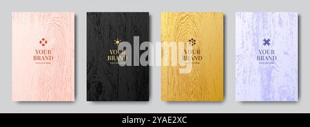 Wood background. Black or white luxury boards. Premium gold table menu. Abstract material structure. Woodgrain label. Brand sticker. Hardwood timber texture. Wooden grain. Vector design banners set Stock Vector