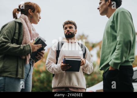 College students discussing assignments outdoors on campus Stock Photo