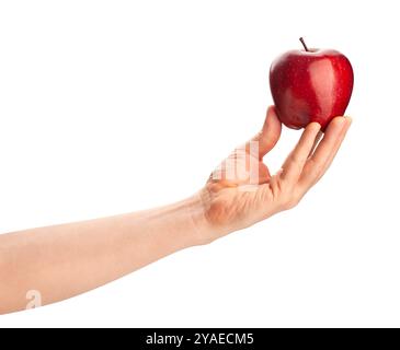 red delicious apple in hand path isolated on white Stock Photo