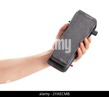 wah pedal in hand path isolated on white top view Stock Photo