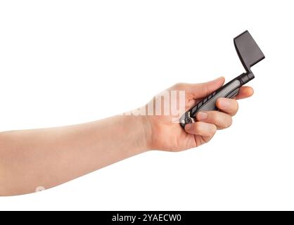 bass guitar peg winder in hand path isolated on white Stock Photo