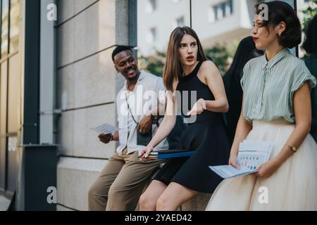 Diverse group of young professionals having a discussion outdoors during a casual business meeting Stock Photo