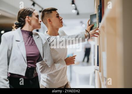 High school students in a library selecting books for research Stock Photo