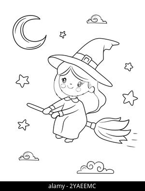 Illustration of a little witch flying on a broom in the night. Black and white doodle style illustration for coloring. Spooky vibes. Halloween party a Stock Vector