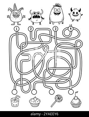 Help the cute monsters find a path for his sweets. Labyrinth. Maze game for children. Black and white illustration, coloring page for Halloween party. Stock Vector