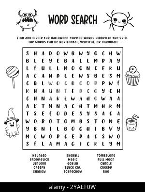 Halloween. Word search game puzzle for kids. English words. Cartoon, kawaii. Isolated vector illustration eps 10 Stock Vector