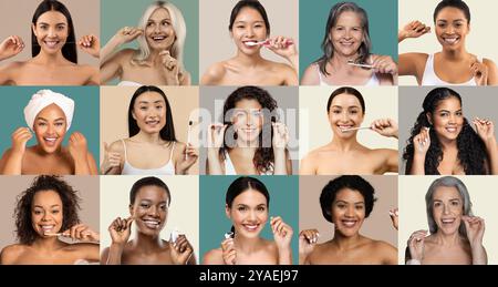 Diverse group of women smiling while showcasing oral hygiene routines Stock Photo