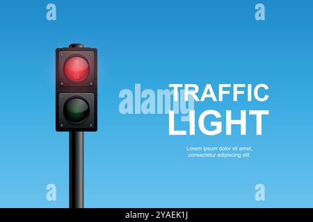Vector Realistic Traffic Light with Red Light On. Pedestrian Signal in Focus. Traffic Light Illustration Against a Clear Blue Sky Background Stock Vector
